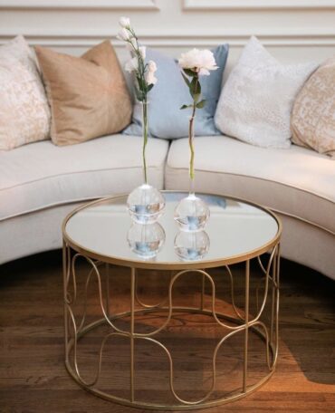 Greta Coffee Table | Perch Event Decor Rental | Luxury Furniture Rentals in Dallas Texas | Gold ad Mirrored Round Modern Table