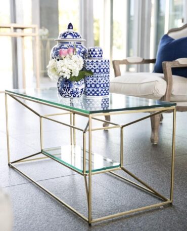 Lindsey Coffee Table | Perch Event Decor | Luxury Furniture Rentals in Dallas Texas | Gold and Glass Modern Rectangle Table