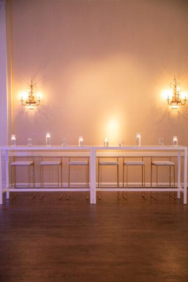 White Communal Tables with Marilyn Barstools at Arlington Hall | Weddings a la Carte