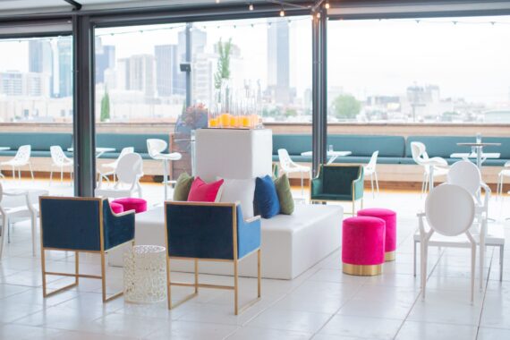 Tayler Tete a tete with Navy Dakota Chairs, Fuschia Stella Stools, and Shelly Side Tables at DEC on Dragon | Diamond Affairs
