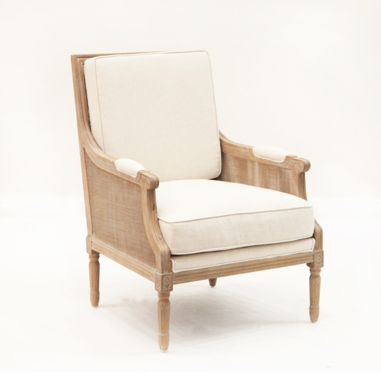 Edward Cane Back Arm Chair | French Country Chair | Linen and Wood Chair