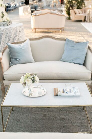 Marble Bamboo Coffee Table with Diana Loveseat and Perch Pillows at Midland Country Club Wedding