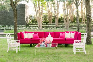 Courtney Sectional | Perch Event Decor | Luxury Furniture Rentals in Dallas Texas | Hot Pink Velvet Modern Couch with and Acrylic Square Coffee Table