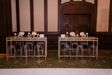 Gold and Mirrored Communal + Ghost Stools | Perch Event Decor | Luxury Furniture Rentals in Dallas Texas