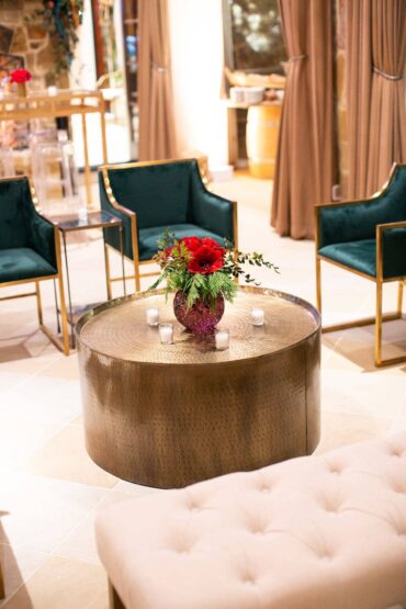 Hammered Brass Coffee Table | Perch Event Decor Rental | Luxury Furniture Rentals in Dallas Texas | Round Rustic Table