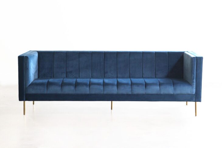 Belmont Sofa | Perch Event Decor Rental | Luxury Furniture Rentals in Dallas Texas | Dusty Blue Peacock Velvet Modern Sofa