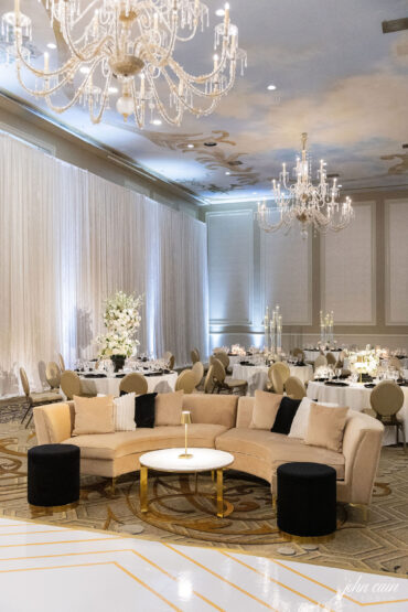 Charlotte Banquette with Hannah Coffee Table and Black Stella Stools at The Adolphus | Bella Festa Events