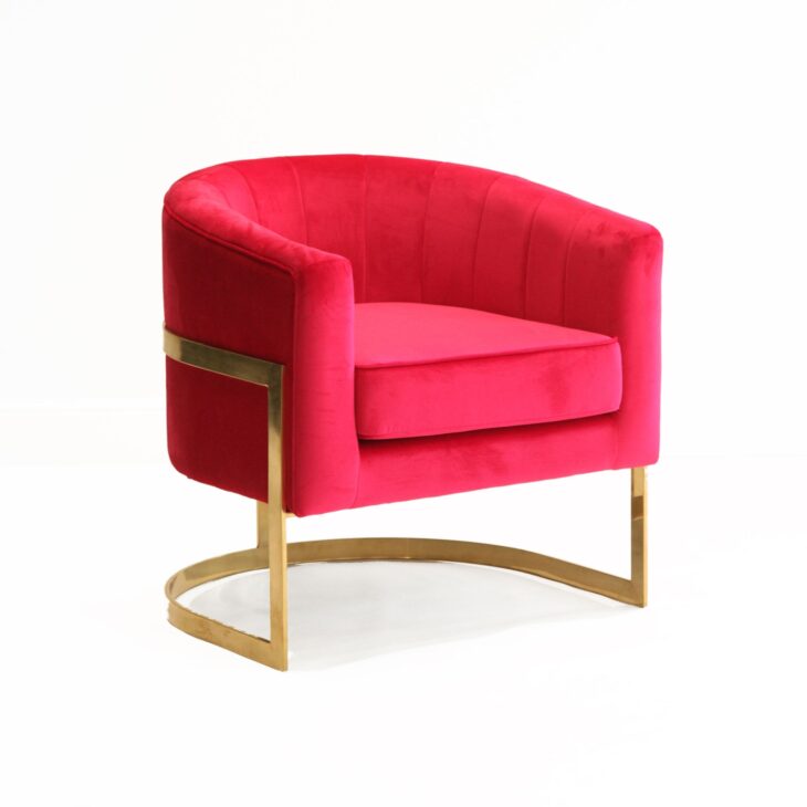 Channing Chair- Hot Pink | Perch Event Decor | Luxury Furniture Rentals in Dallas Texas | Modern Curved Hot Pink Velvet Arm Chair