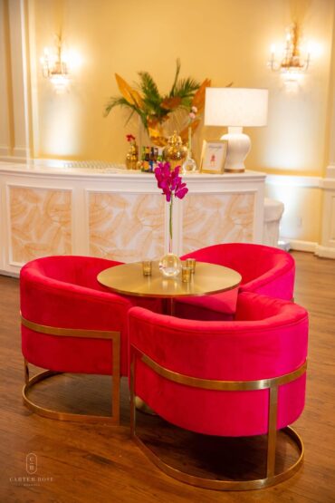 Gold Bistro Table with the Hot Pink Channing Chair | Perch Event Decor Rental | Luxury Event Rentals in Dallas, TX | Hot Pink Velvet Chairs | Sleek, Modern