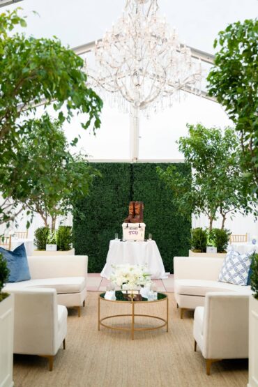 Olivia Coffee Table with Lauren Banquettes and Perch Pillows and Boxwood Walls at River Crest Country Club Wedding with Branching Out Events