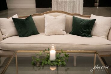 Diana Sofa with Perch Pillows and Gold and Glass Coffee Table