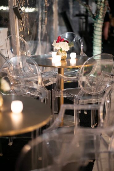 Gold Bistro Table with Ghost Arm Chairs