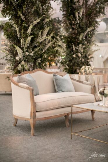 Diana Loveseat with Marble Bamboo Coffee Table and Perch Pillows at Midland Country Club Wedding