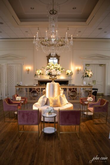 Kate Tete a tete with Blush Dakota Chairs, Marble Accent Tables, and El Dorado Bars at Brook Hollow Golf Club Wedding