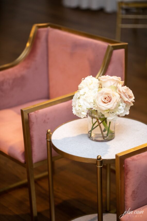 Marble Accent Table with Blush Dakota Chairs with floral by Garden Gate at Brook Hollow Golf Club Wedding