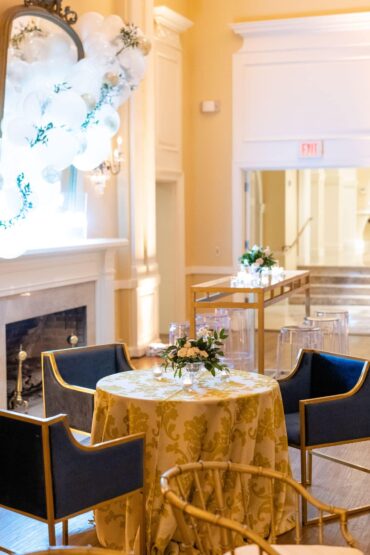 Navy Dakota Chair, Gold and Mirrored Communal Table with Ghost Barstools at Arlington Hall Wedding