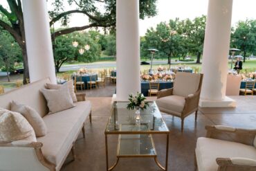 Edward Sofa, Edward Cane Back Arm Chairs, Gold and Glass Coffee Table, and Perch Pillows at Arlington Hall Wedding
