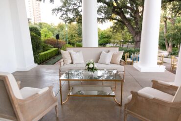 Edward Sofa, Edward Cane Back Arm Chairs, Gold and Glass Coffee Table, and Perch Pillows at Arlington Hall Wedding