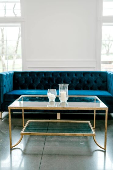 Gold and Glass Coffee Table with Luke Sofa
