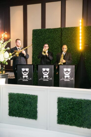 Hampton Stage Facade with Boxwood Inserts at Dallas Country Club Wedding with Jordan Kahn Orchestra
