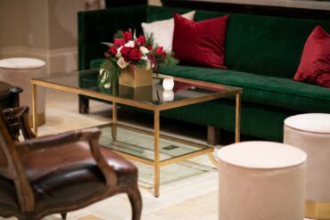 Gold and Glass Coffee Table with London Sofa, Stella Stools- Champagne, and Perch Pillows