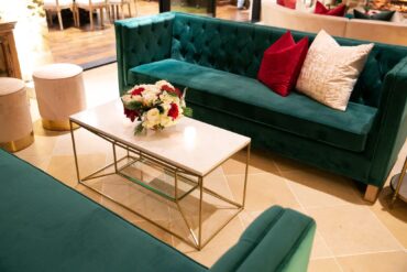 Oxford Sofa with Lindsey Coffee Table with White Marble Top, Stella Stools- Champagne, and Perch Pillows