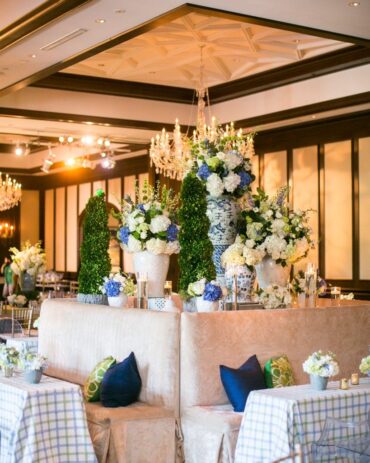 Delano Champagne Banquettes with Perch Pillows and Ginger Jars at Dallas Country Club Wedding