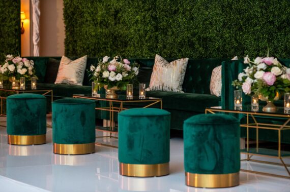 Emerald Stella Stools, Oxford Sofas with Perch Pillows and Lindsey Coffee Tables Marble and Gold Bistro Table at a River Oaks Country Club Wedding