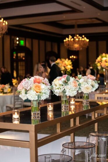 Gold and Mirrored Communal Table with Ghost Barstools at Dallas Country Club Wedding