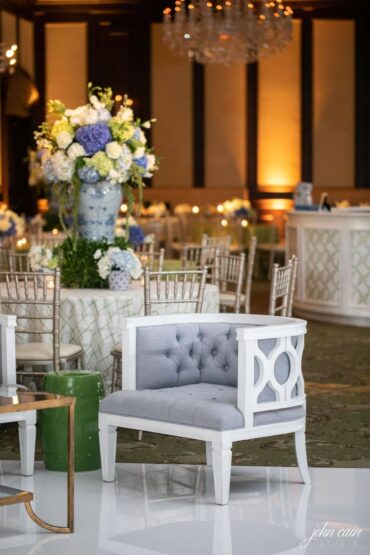 Beverly Chair with Gold and Glass Coffee Table and Green Savannah Stool at Alison Baker Events Wedding at Dallas Country Club
