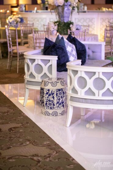 Blue and White Stool with Beverly Sofa and Perch Pillows and Beverly Chair at Alison Baker Events Wedding at Dallas Country Club