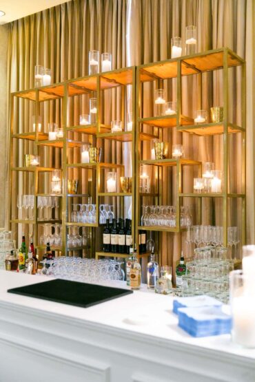 Gold Shelf with Convertible Hampton Bar Facade at River Crest Country Club Wedding with Branching Out Events