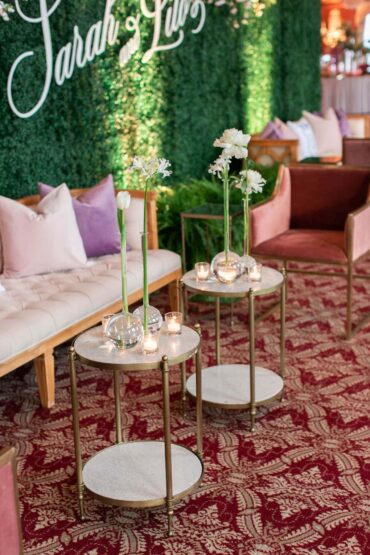 Marble Accent Tables with Mason Sofa, Perch Pillows, Blush Dakota Chair, and Boxwood Walls at The Room on Main | Kirstin Rose Events