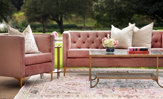 Wynn Sofa, Wynn Chair, Perch Pillows, Gold and Glass Coffee Table, Marble Accent Table, Perch Pillows, Lynn Rug | Velvet Blush Lounge