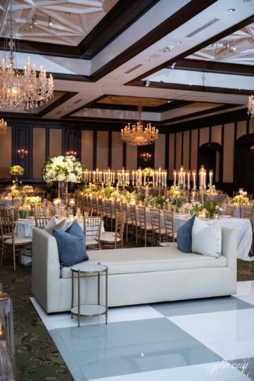 Caroline Benches with Marble Accent Tables and Perch Pillows at the Dallas Country Club | Kirstin Rose Events | Three Branches Floral