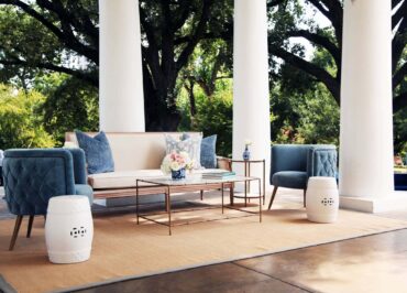 Edward Sofa with Perch Pillows, Cassidy Chairs, Marble Accent Table, Marble Bamboo Coffee Table, White Savannah Stools | Dusty Blue Velvet Chair | Garden Stool