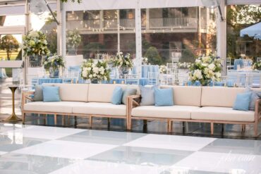 Miller Sofas with Marble and Gold Bistro Table at Frierson Wedding with The Colony House in Shreveport, LA