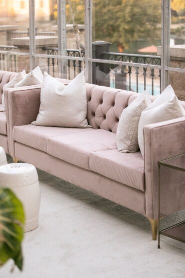Wynn Sofa with Perch Pillows and White Savannah Stool at Dallas Country Club Wedding | Kirstin Rose Events