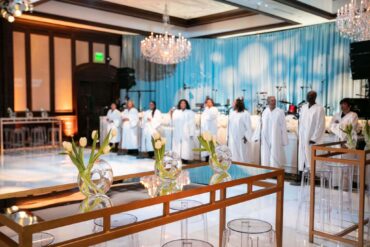 Gold and Mirrored Communal Table with Ghost Barstools at Dallas Country Club Wedding | Kirstin Rose Events