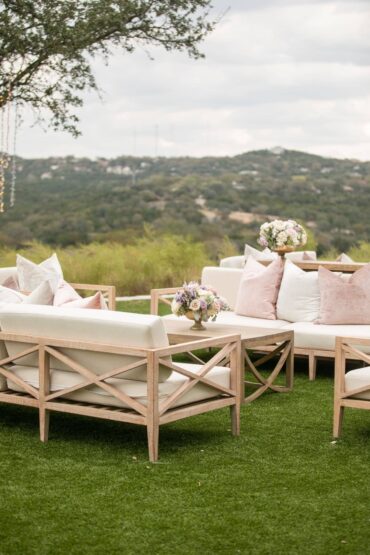 Miller Sofas with Carson Coffee Table, Miller Chairs, PINK 018, PINK 020, and IVORY 008, Perch Pillows at Omni Barton Creek Wedding | Verve Events | GRO Designs