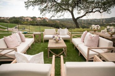 Carson Coffee Table with Miller Sofa, Miller Chair, Carson Side Table, PINK 018, PINK 020, IVORY 008, and IVORY 005 at Omni Barton Creek Resort & Spa | Verve Events | GRO Designs