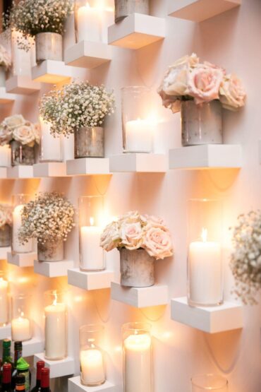 White Display Wall with Candles and Floral at Dallas Country Club Wedding with Branching Out Events and Alison Baker Events