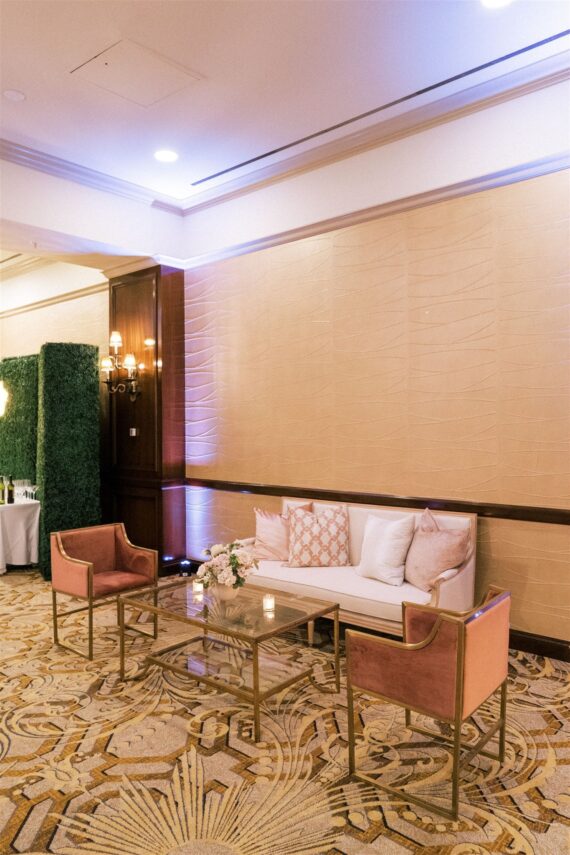 Edward Sofa with Gold and Glass Coffee Table, Perch Pillows, and Blush Dakota Chairs at The Adolphus Hotel Wedding | Calluna Events