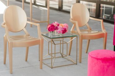Gold Arm Chairs with Lindsey Accent Table and Stella Stool | Omni Barton Creek Resort and Spa Wedding