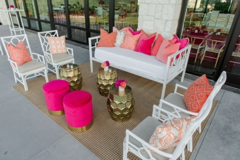 Malibu Daybed, Chelsea Chairs, Gold Honeycomb Stools, Fuschia Stella Stools, Cabo Rug, and Perch Pillows | Omni Barton Creek Resort and Spa Wedding
