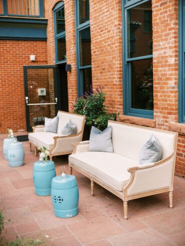 Edward Sofas with Teal Savannah Stools and BLUE 002 Pillows | Caroline Events at Hotel Jerome | Destination Wedding | Aspen, CO