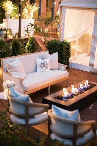Edward Sofa, WHITE 008, Marble Bamboo Accent Table, Phillip Arm Chair, BLUE 002 Pillows | Caroline Events at Hotel Jerome | Destination Wedding | Aspen, CO