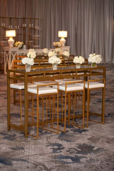 Gold and Mirrored Communal Table with Marilyn Barstools | Jordan Kahn Music Company Showcase | Jordan Kahn Orchestra Showcase at The Ritz Carlton Dallas