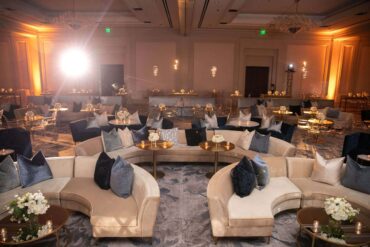 Extended Charlotte Banquette with Gold Bistro Table and Perch Pillows | Charlotte Banquette with Olivia Coffee Table | Natalie Banquette with Marble and Gold Bistro Table | Jordan Kahn Music Company Showcase | Jordan Kahn Orchestra Showcase at The Ritz Carlton Dallas