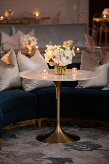 Marble and Gold Bistro Table with Natalie Banquette and Perch Pillows | Jordan Kahn Music Company Showcase | Jordan Kahn Orchestra Showcase at The Ritz Carlton Dallas